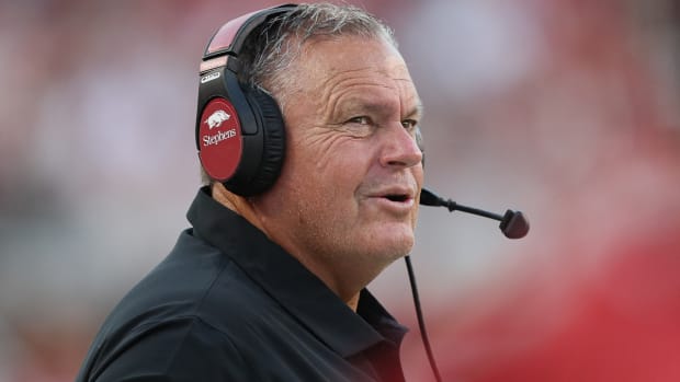 Razorbacks coach Sam Pittman on sidelines against BYU on Saturday night